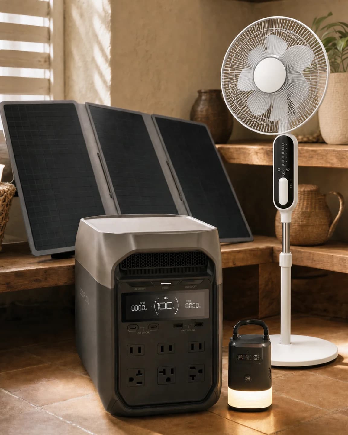 Estación de energía portátil, ventilador recargable y panel solar en un hogar