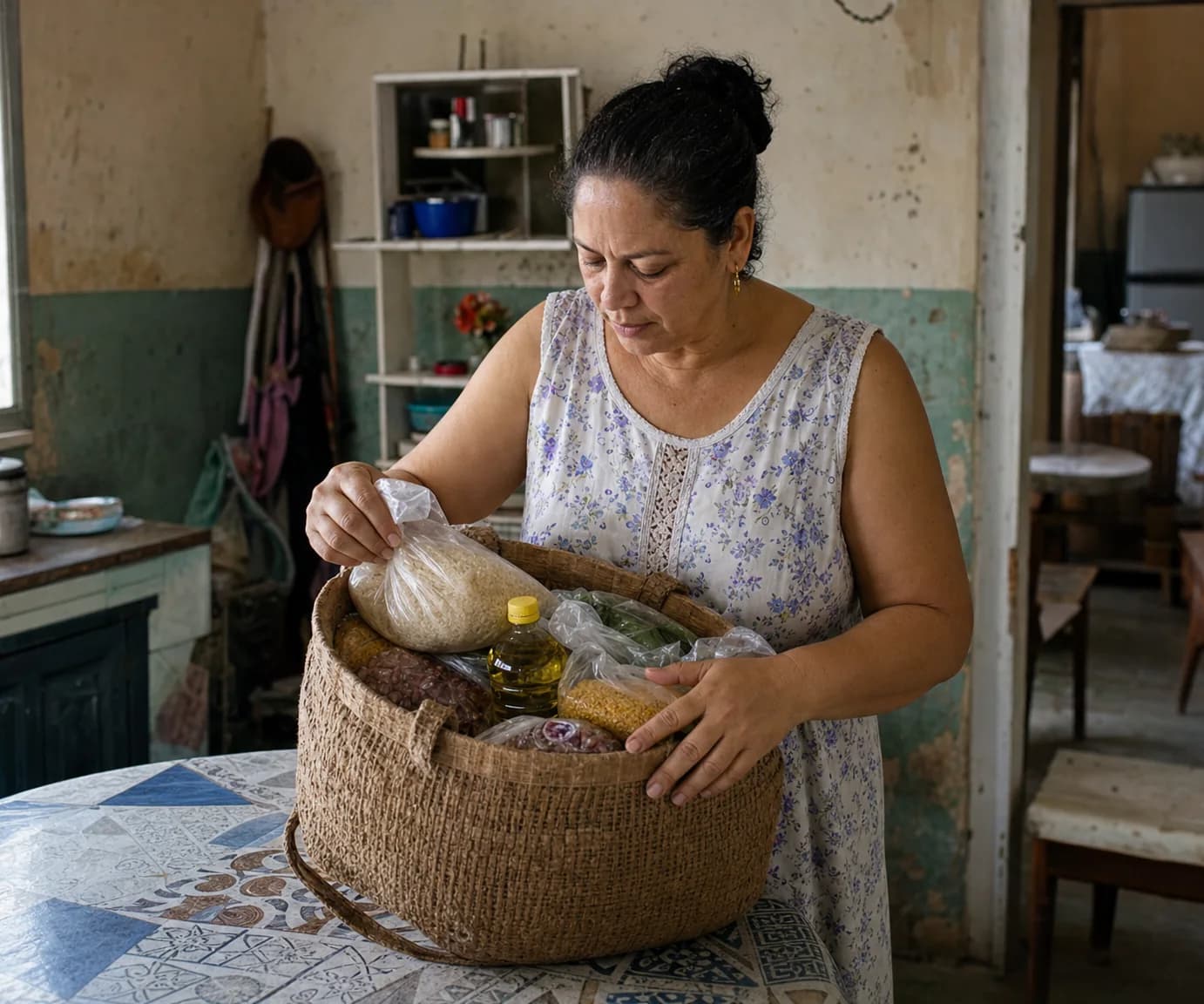 Una mujer, en su casa, revisa los alimentos de la jaba que acaba de recibir